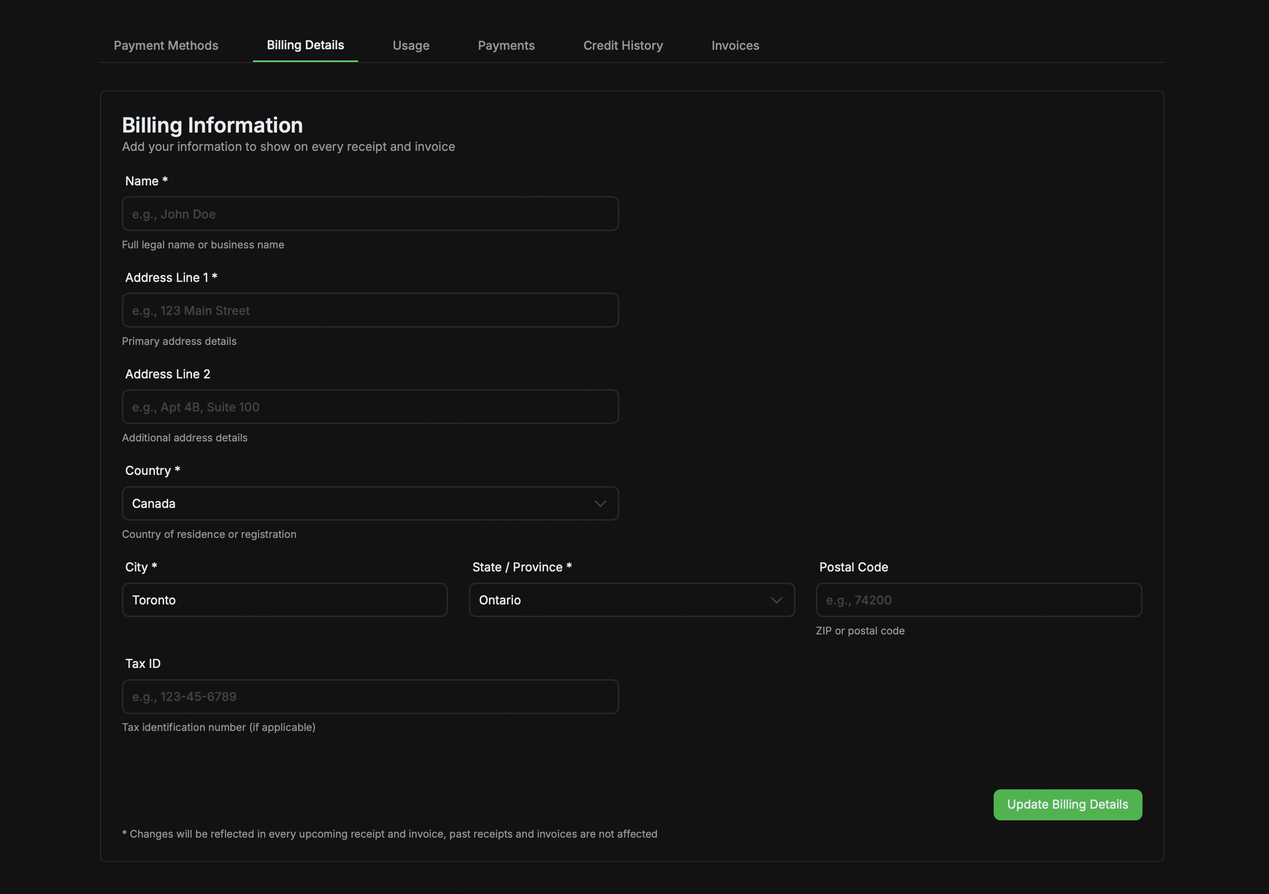 Billing details form screenshot