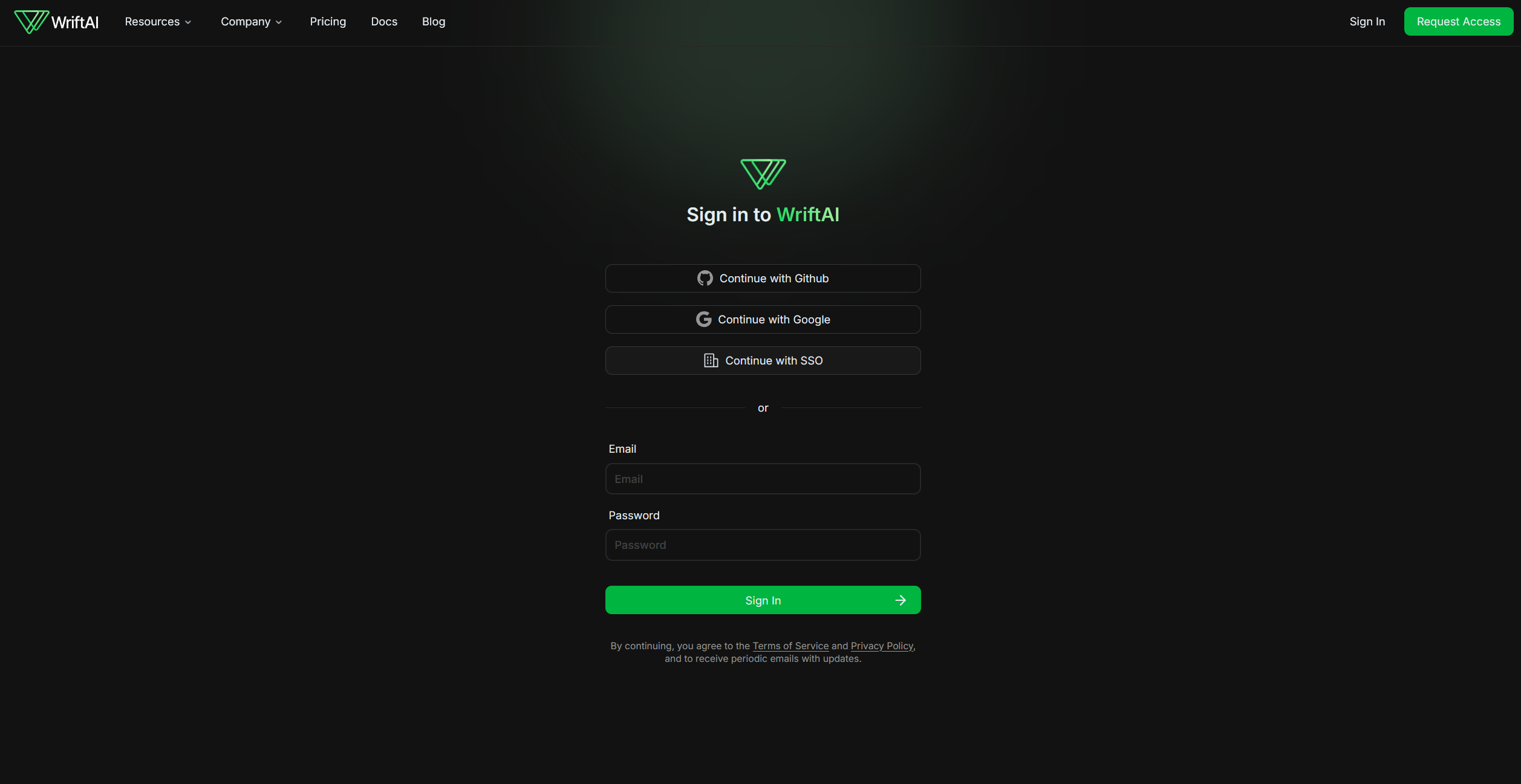 WriftAI Login page showing continue with SSO button highlighted