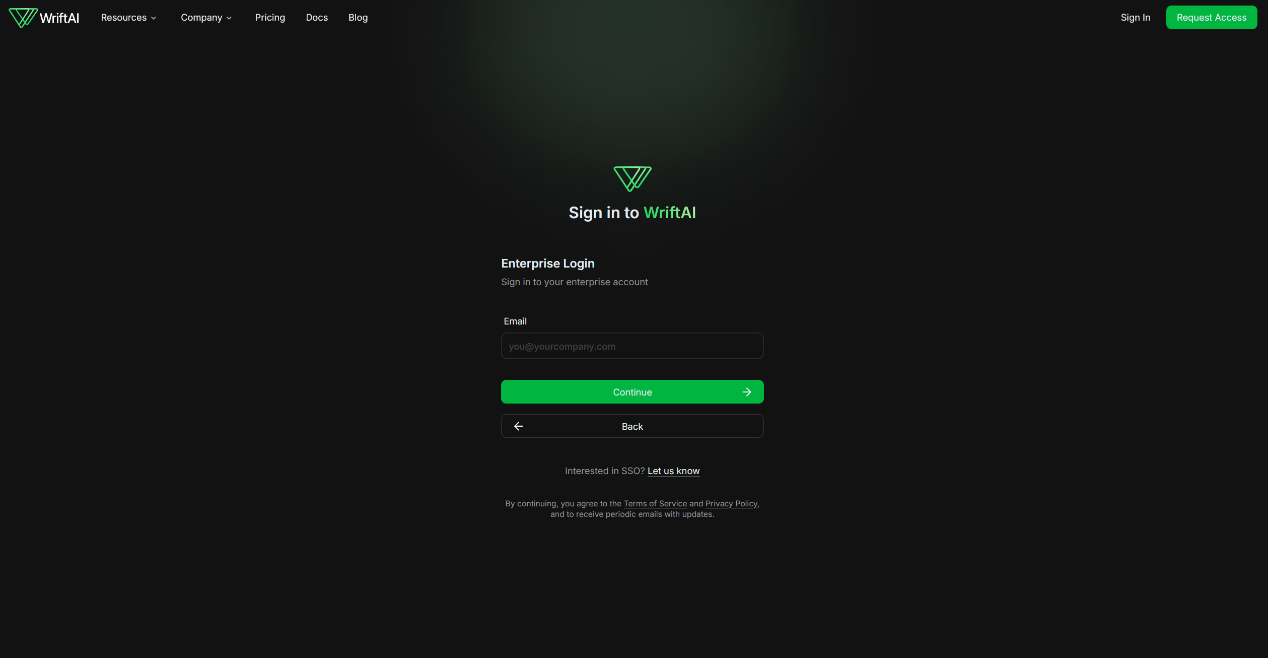 WriftAI Enterprise Login screen