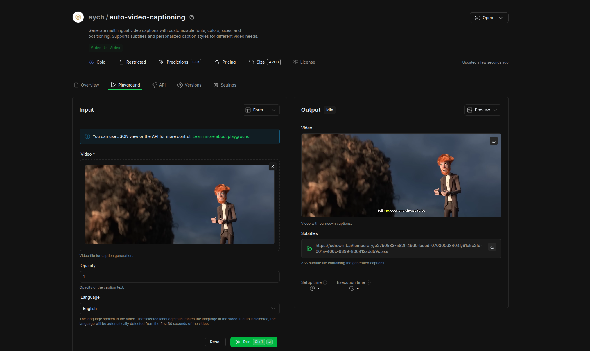 Sych Auto Video Captioning Model Playground Screenshot