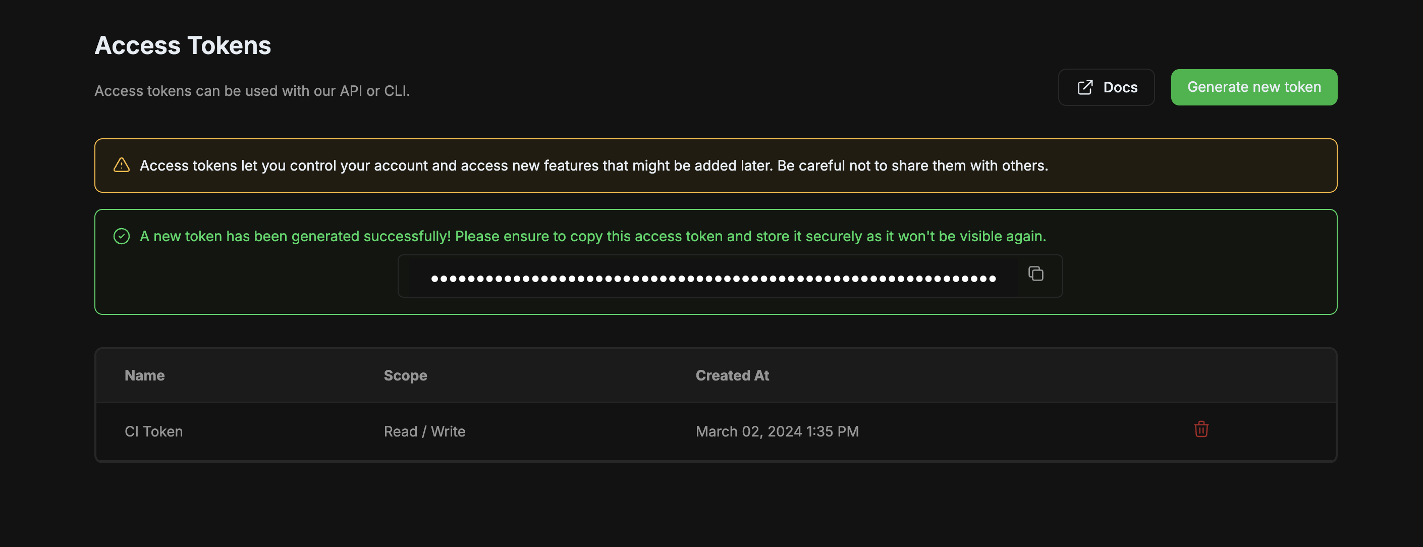 Access token dashboard
