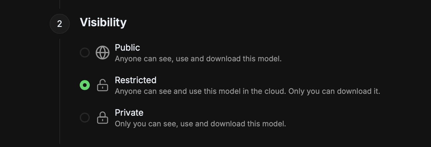 Model visibility setting with the Restricted option selected