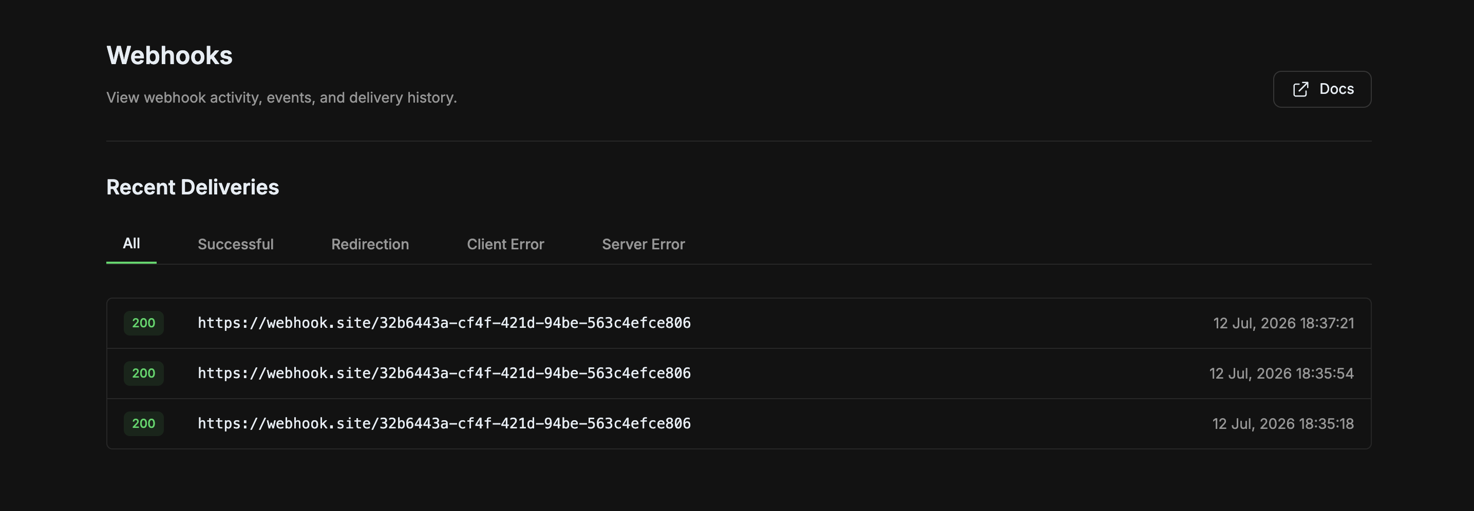 Webhooks Deliveries Dashboard Screenshot